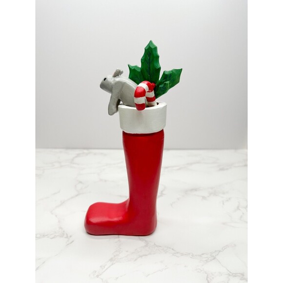 Vintage Handmade Stocking Mouse Candy Cane Wooden Sculpture Figurine Mistletoe - Picture 4 of 8